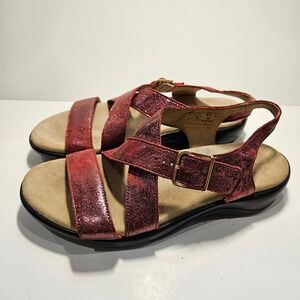 SAS Women Laguna Flat Sandals Red Metallic‎ Leather Comfort Sandals 8.5 W Wide